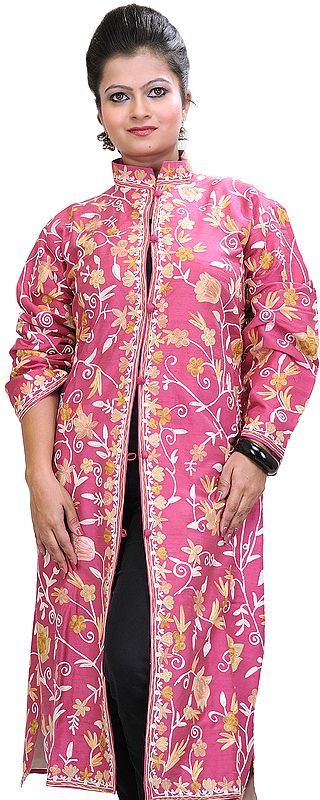 Prism-Pink Long Kashmiri Jacket with Crewel Embroidered Flowers