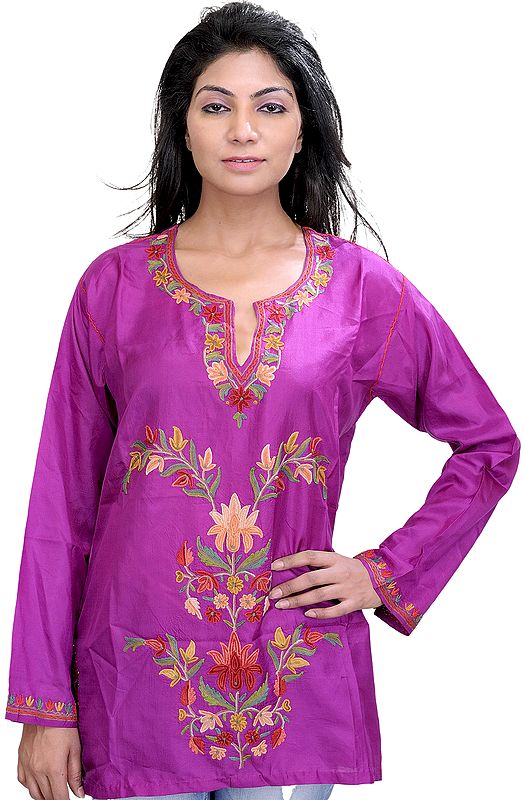Sunset-Purple Short Kashmiri Kurti with Embroidered Flowers by Hand