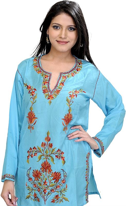 French-Blue Kurti from Kashmir with Hand Embroidered Flowers