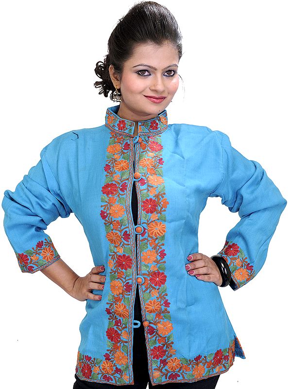 Sky-Blue Short Jacket from Kashmir with Crewel Embroidered Flowers on Border