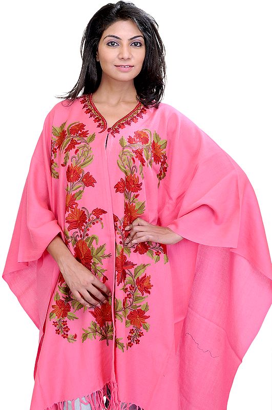 Paradise-Pink Kashmiri Cape with Hand Embroidered Flowers