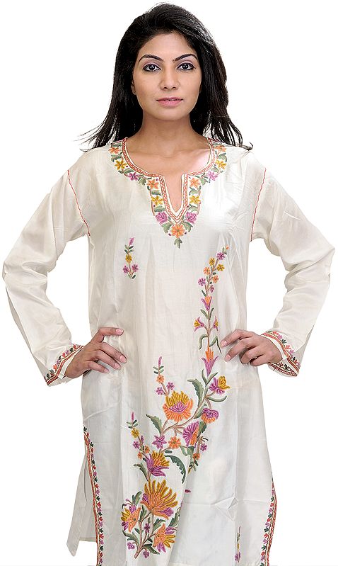 Bright-White Long Kashmiri Kurti with Aari Embroidered Flowers by Hand