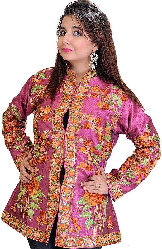 Radiant-Orchid Kashmiri Jacket with Aari Embroidered Flowers All-Over