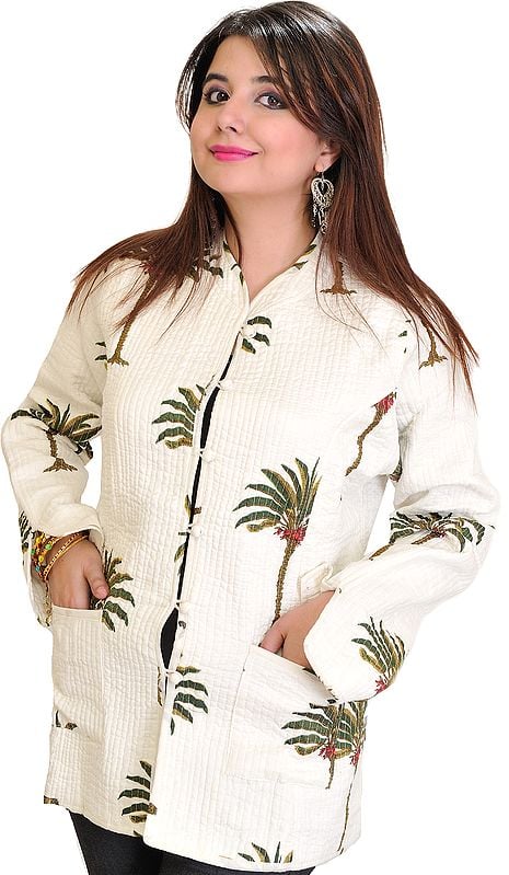 Bright White Jacket from Pilkhuwa with Printed Palm Trees and Straight Stitch