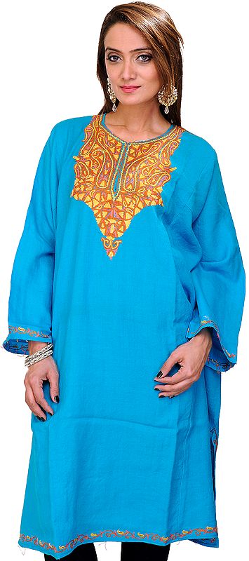 Atoll-Blue Phiran from Kashmir with Aari Embroidered Paisleys by Hand