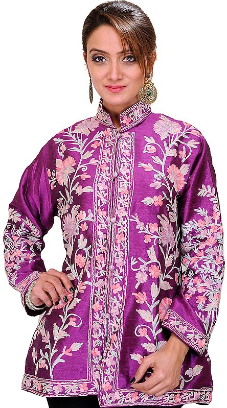Bright-Violet Kashmiri Jacket with Aari Embroidered Flowers All-Over