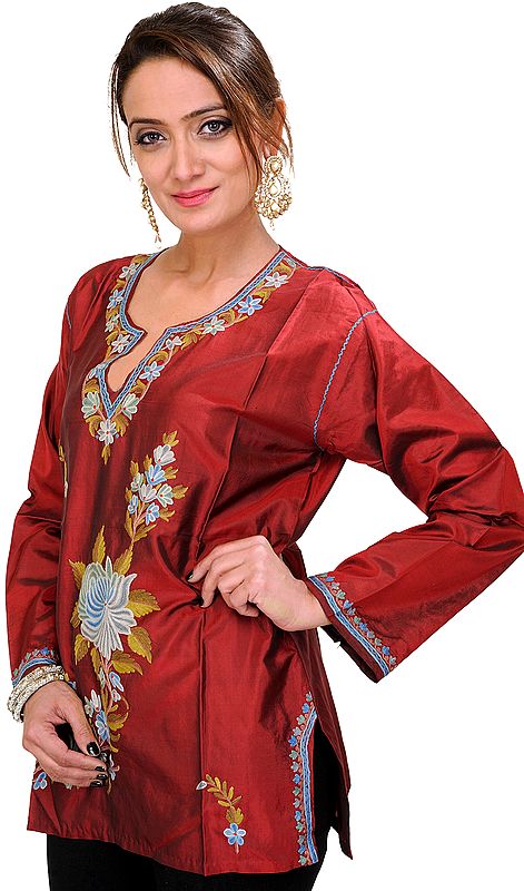 Ruby-Wine Kurti from Kashmir with Aari Hand-Embroidered Flowers
