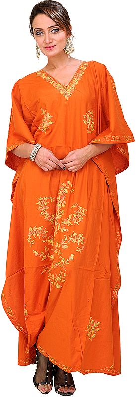 Burnt-Orange Kashmiri Kaftan with Aari Embroidery