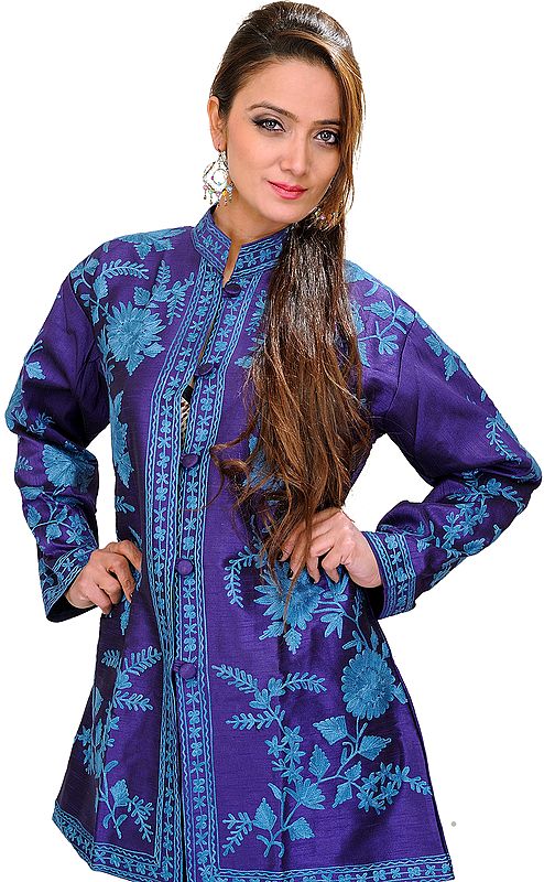 Prism-Violet Kashmiri Jacket with Aari Embroidered Flowers