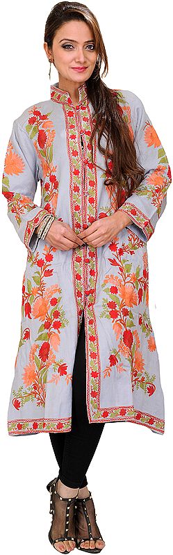 Gray Long Kashmiri Jacket with Aari Embroidered Flowers