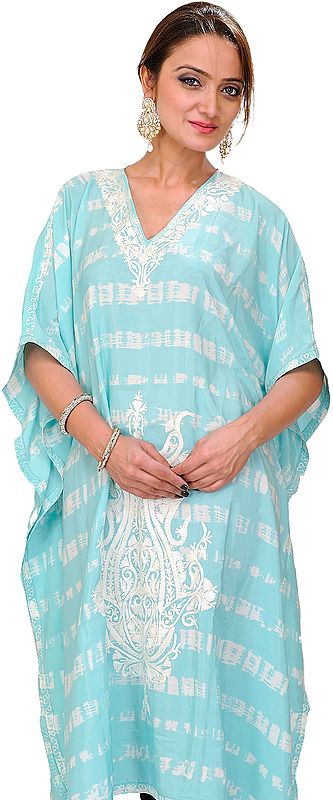 Aruba-Blue Batik Dyed Short Kaftan from Kashmir with Aari Embroidered Paisleys and Waist Sash