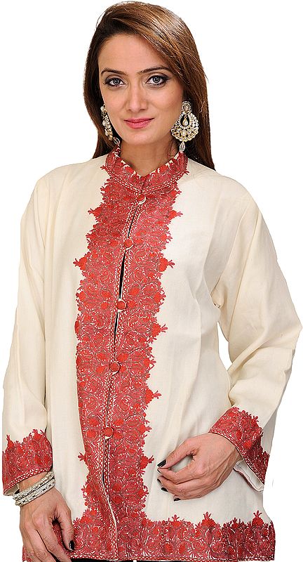 Off-White Short Jacket from Kashmir with Crewel Hand-Embroidered Flowers on Border