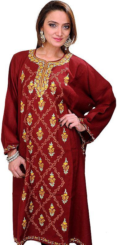 Cordovan-Red Kashmiri Phiran with Embroidered Flowers and Paisleys