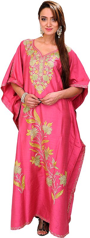 Flambe-Pink Kashmiri Kaftan with Aari Embroidered Flowers