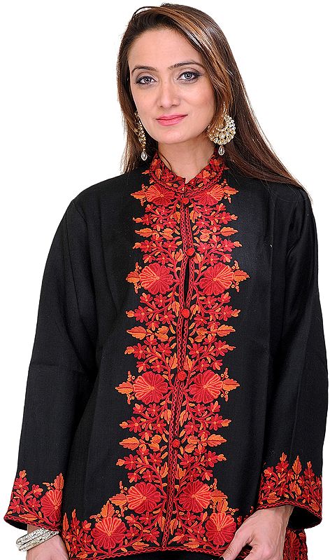 Caviar-Black Short Kashmiri Jacket with Aari Hand-Embroidery on Border