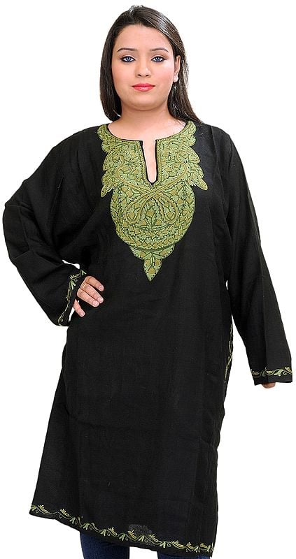 Phiran from Kashmir with Aari Embroidered Flowers on Neck