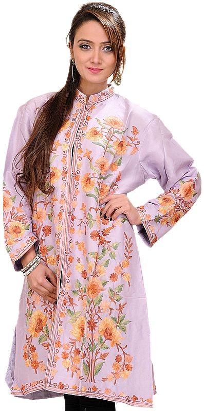 Lavender-Frost Kashmiri Long Jacket with Aari Embroidered Flowers
