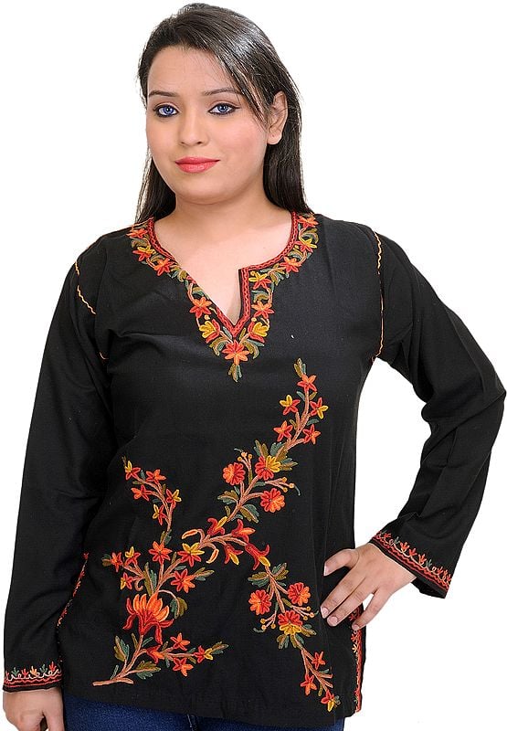 Black Short Kashmiri Kurti with Embroidered Flowers by Hand