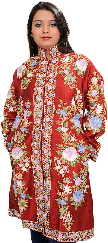 Pompeian-Red Kashmiri Long Jacket with Aari Embroidered Flowers All-Over