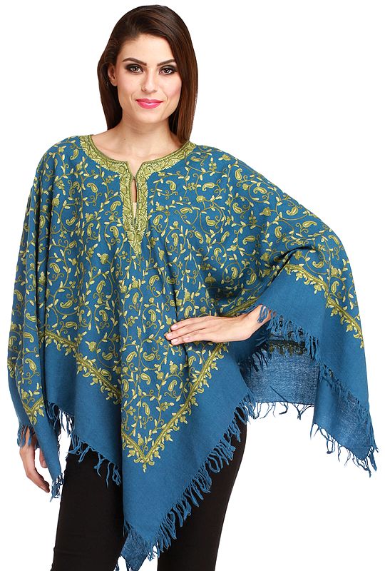 Poncho from Kashmir with Aari Hand-Embroidered Paisleys All-Over
