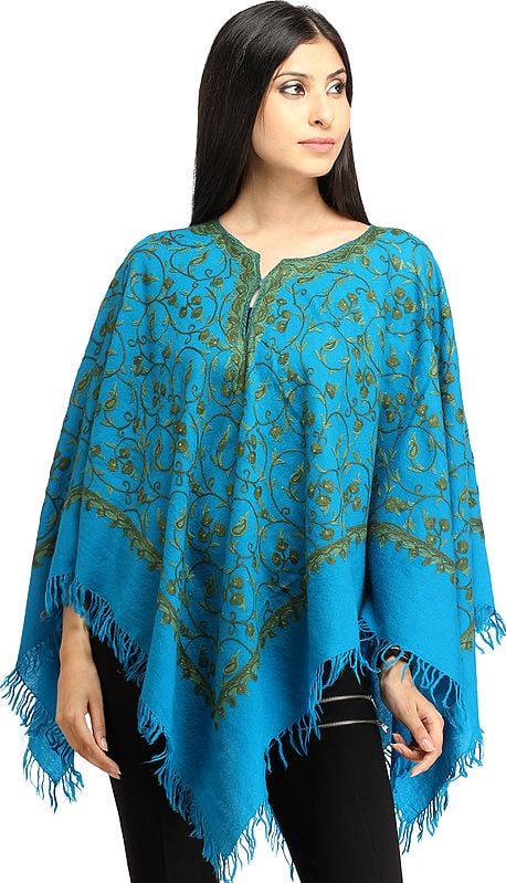 Poncho from Kashmir with Aari Hand-Embroidered Paisleys All-Over