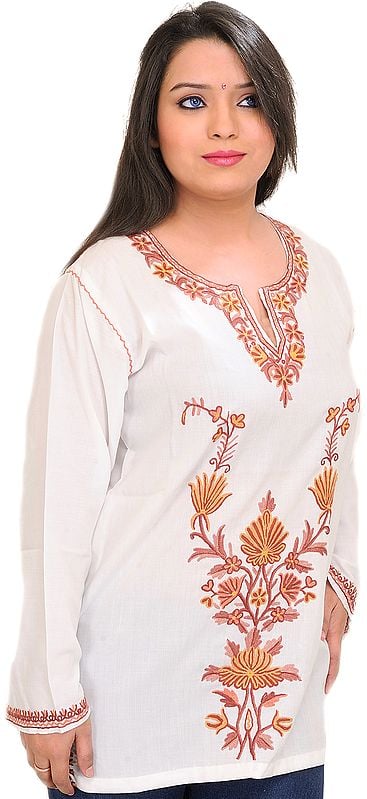 Snow-White Short Kashmiri Kurti with Aari Embroidery by Hand