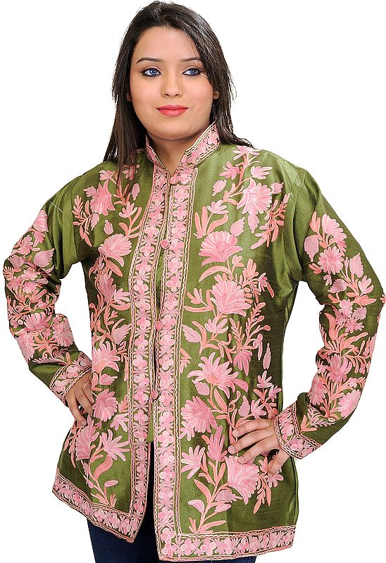 Peridot Short Kashmiri Jacket with Aari Embroidery in Pink Thread
