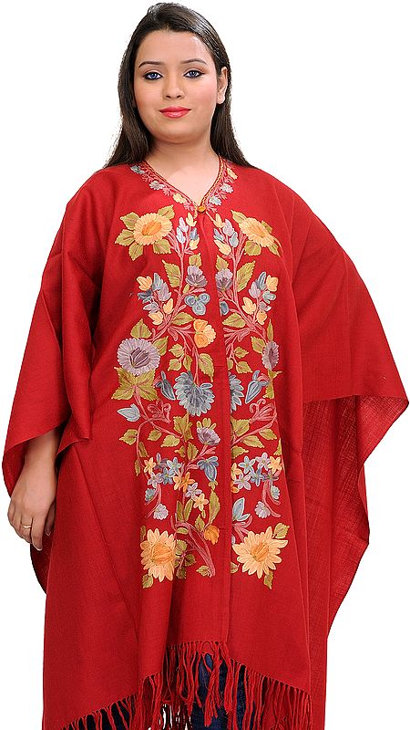 Tango-Red Kashmiri Cape with Aari Embroidered Flowers