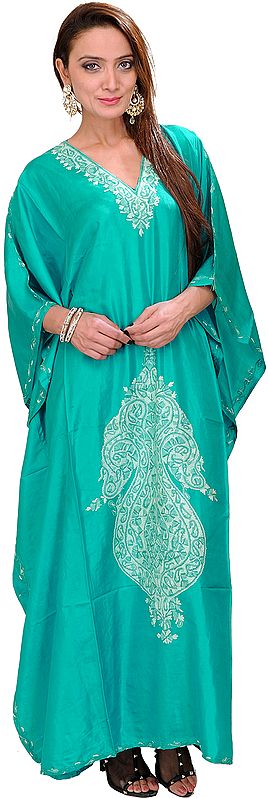 Dynasty-Green Kashmiri Kaftan with Aari Hand-Embroidered Paisleys