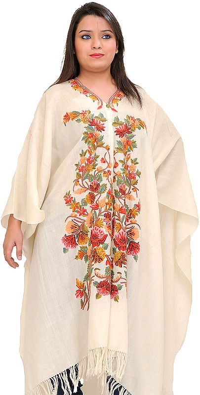 Winter-White Kashmiri Cape with Aari Hand-Embroidered Flowers