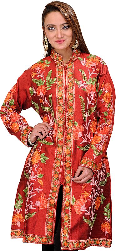 True-Red Kashmiri Long Jacket with Aari Embroidered Flowers