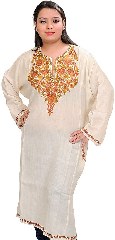 Antique-White Phiran from Kashmir with Aari Hand-Embroidered Flowers on Neck