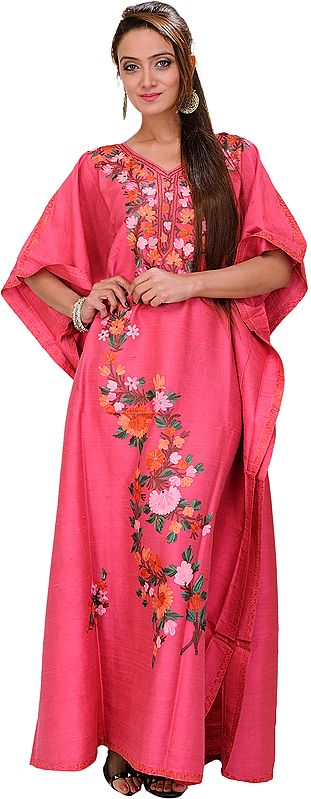 Honeysuckle-Pink Kashmiri Kaftan with Aari Embroidered Flowers