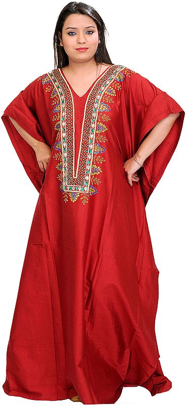 Cardinal-Red Kaftan with Beads Hand-Embroidered on Neck
