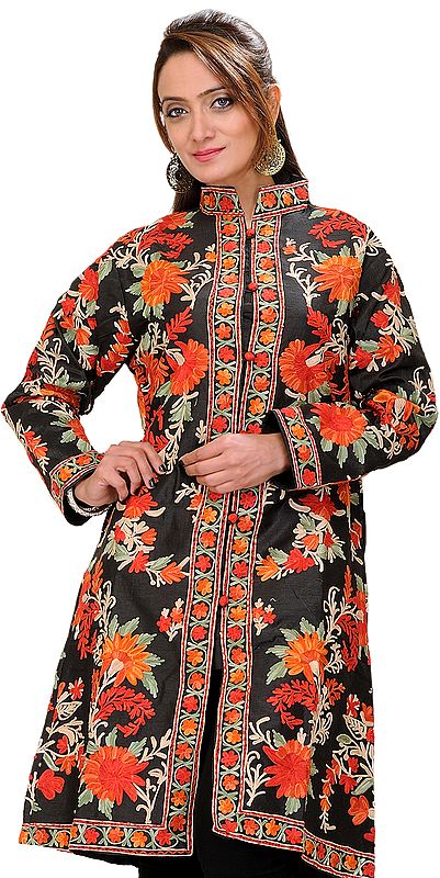 Jet-Black Kashmiri Long Jacket with Aari Embroidery