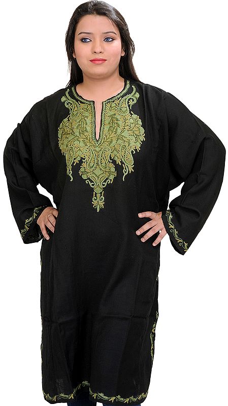 Black Phiran from Kashmir with Aari Hand-Embroidered Paisleys on Neck and Border