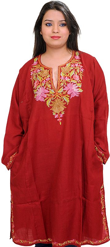 Brick-Red Phiran from Kashmir with Aari Hand-Embroidery on Neck and Border