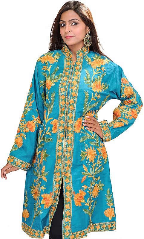 Enamel-Blue Kashmiri Long Jacket with Aari Embroidered Flowers