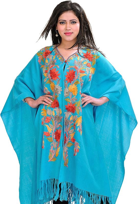 Blue-Atoll Aari-Embroidered Cape From Kashmir