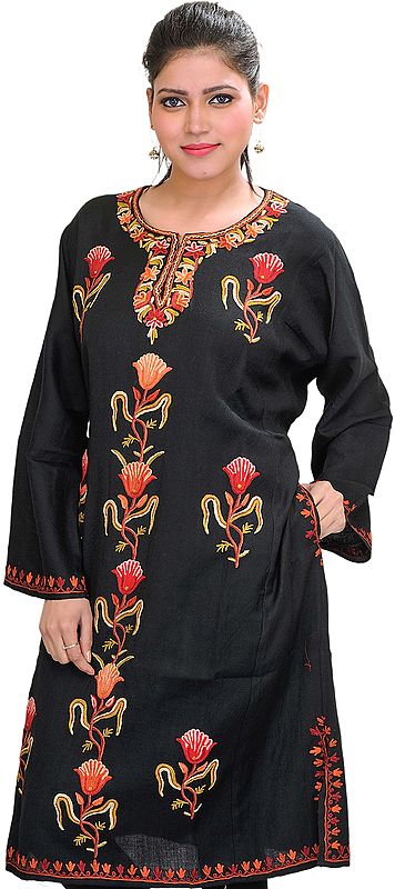 Jet-Black Phiran from Kashmir with Aari Hand-Embroidered Flowers