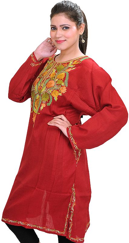 Brick-Red Phiran from Kashmir with Aari Hand-Embroidery on Neck