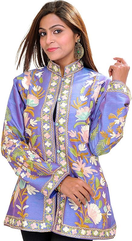 Persian-Jewel Short Kashmiri Jacket with Aari Embroidered Flowers