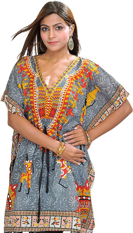 Printed Short Kaftan with Dori at Waist