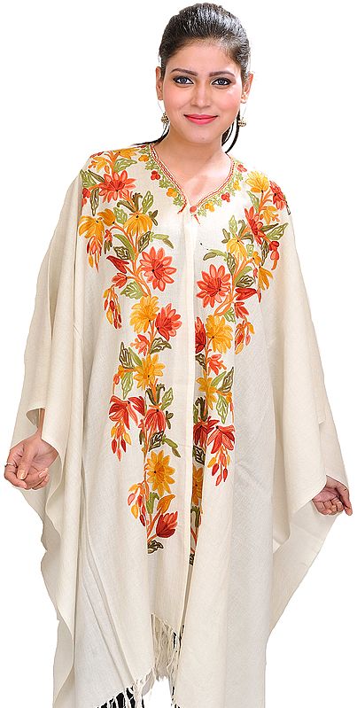 Whisper-White Kashmiri Cape with Aari Embroidered Flowers by Hand