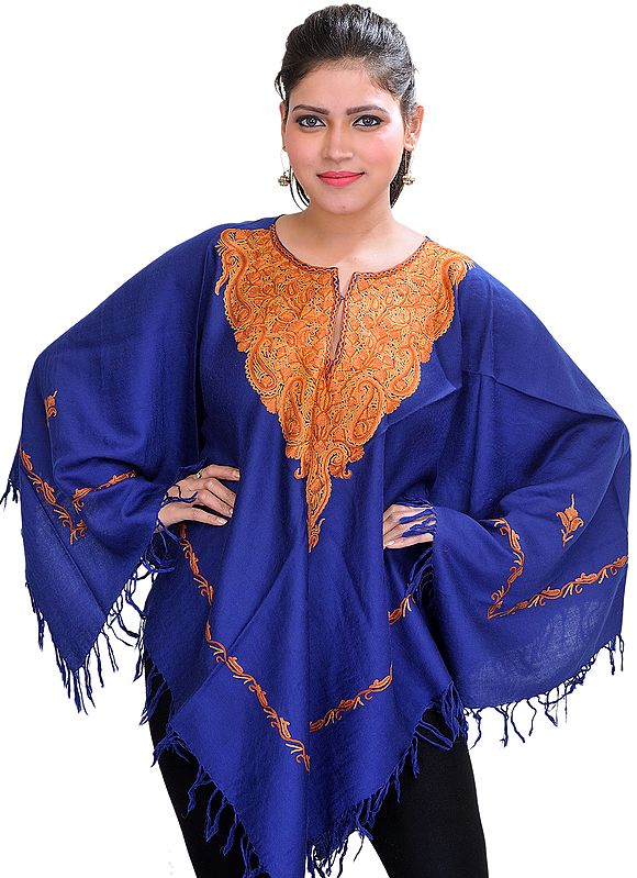 Poncho from Kashmir with Aari Hand-Embroidered Paisleys on Neck
