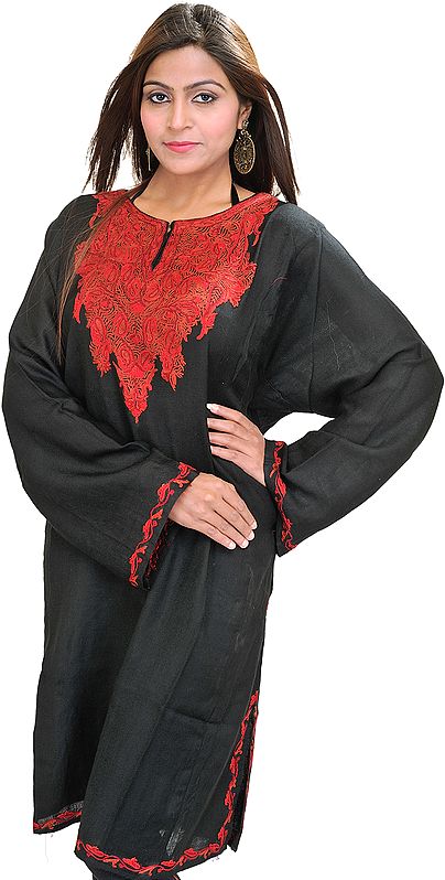 Black Phiran from Kashmir with Aari Hand-Embroidery on Neck