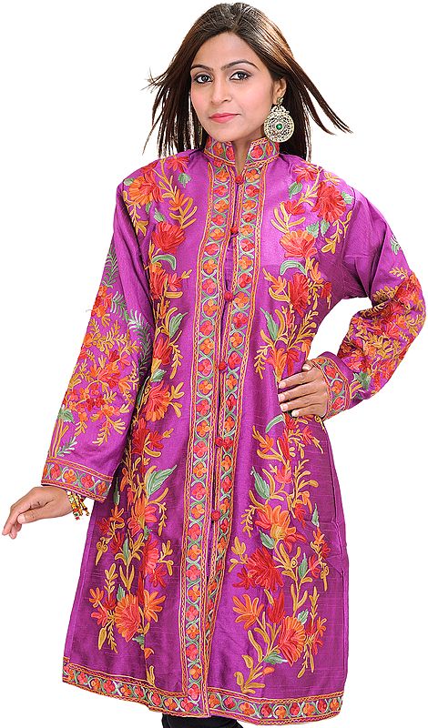 Hyacinth-Violet Kashmiri Long Jacket with Aari Embroidered Flowers