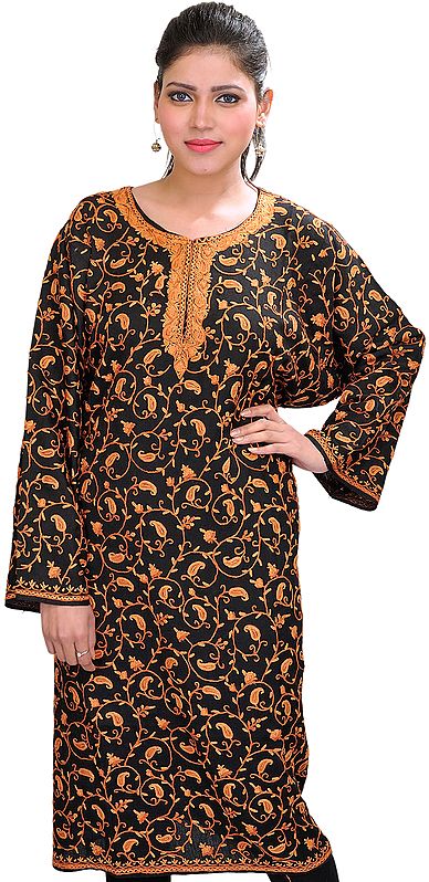 Jet-Black Phiran from Kashmir with Aari Hand-Embroidered Paisleys All-Over