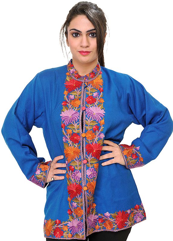 French-Blue Kashmiri Jacket with Hand-Embroidered Flowers on Border