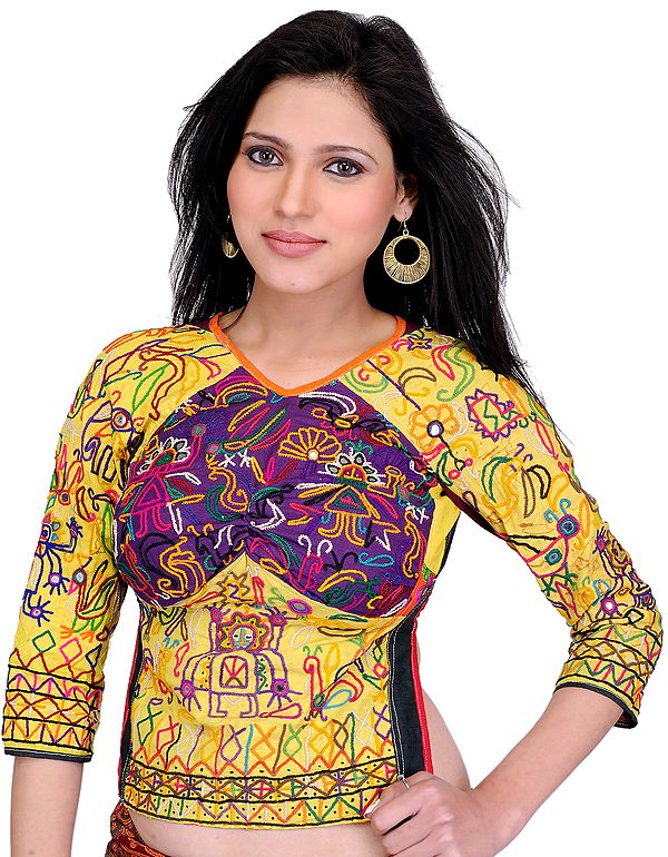 Yellow and Purple Antiquated Backless Choli from Kutch with Embroidered Motifs and Mirrors